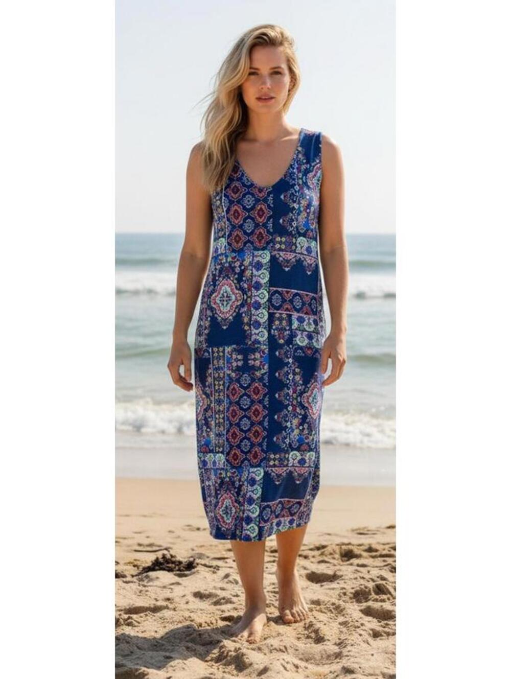 Stan Herman Patchwork Maxi Lounge Dress Beach Pool Cover Up Navy M